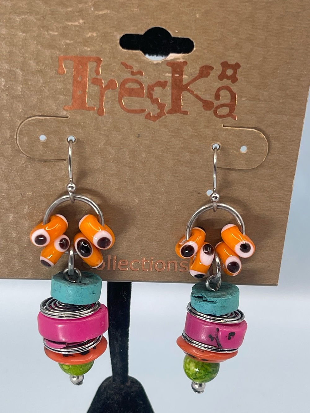 Treska Orange and Pink Beaded Dangle Earrings